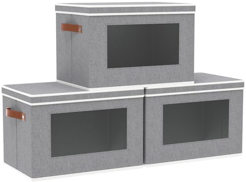 OUTBROS 3 Pezzi Scatole Portaoggetti in Tessuto, Contenitori Cartone con Coperchio, Organizer Pieghevole, Cestini Armadio con Finestra Trasparente, Cubi Salvaspazio,45x30x30 cm, Grigio
