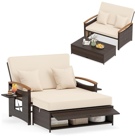 COSTWAY Sofa Exterior de Ratán con Reposapiés de Almacenamiento, 2 Plazas Tumbona Acolchado, Cama Respaldo Ajustable de 4 Niveles, Bandejas Laterales Retráctiles