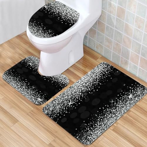 Badematten & Badteppiche Set 3 Teilig Schwarz Gold Mikrofaser Flauschige Marmor Muster Badezimmerteppich WC Vorleger mit Ausschnitt Waschbar rutschfeste Badvorleger Toilette Teppich (T-Schwarz, 3pc)
