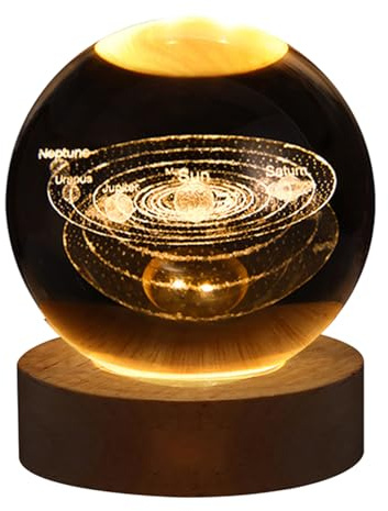 3D Kristallkulor Nattljus 3,14 Tum Kristalllampa Varmt Ljus med Träfot LED Galaxy Planet Nattlampa Sovrumsinredning, Födelsedagspresenter för Pojkar Flickor(Solsystem)