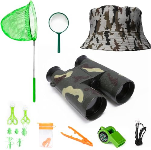 KAKOO Forscherset für Kinder ab 6: Pfadfinder Ausrüstung mit Fernglas, Insektenfänger, Kompass, Naturforscher Abenteuer Set für Outdoor Camping