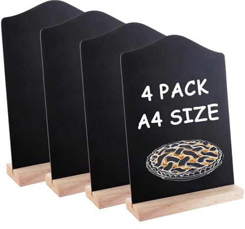 AHAQU Kreidetafelschilder mit Ständer, Schreibtafel, Kreidetafel Aufsteller, A4, 30 x 21 cm, Tischtafel, doppelseitig, Menü-Tafel für Hochzeit, Bar, Restaurant, Party, 4 Stück