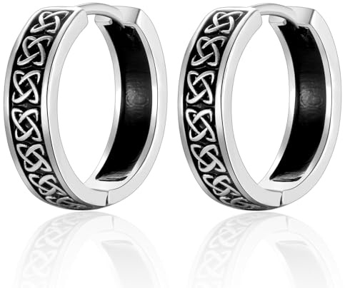 EPIRORA Men's Earrings - Black & Silver Huggie Hoop Earrings with Gothic Celtic Knot Design - Jewellery Gifts for Men & Women