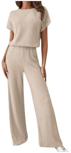NSICBMNO Womens Beige Two Piece Outfits Ribbed Lounge Sets Oversized T Shirts Wide Leg Trousers Casual Co Ord Sets Lounge Wear Ladies Travel Outfits Track Suit Set Gym Activewear Wear