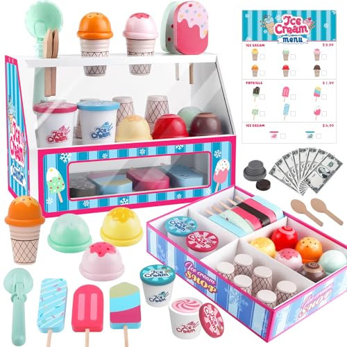 Plunack 48-teiliges Eisdiele Kinder Holz – Rollenspiel-Lernspielzeug für Kinder ab 3 Jahren – mit Eiswaffeln, EIS am Stiel, Spielgeld & Zubehör – Geschenkidee für Mädchen & Jungen