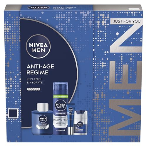 NIVEA MEN Anti Age Regime Gift Set (4 Products), Men's Anti Wrinkle Skincare Gift Set with Shaving Foam, Post Shave Balm, Face Moisturising Day Cream, and Eye Cream