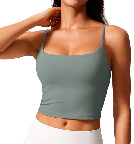 CRZ YOGA Butterlift Women's Scoop Neck Longline Sports Bra - U Back Adjustable Straps Workout Yoga Crop Top with Built in Bra Grey Sage 12
