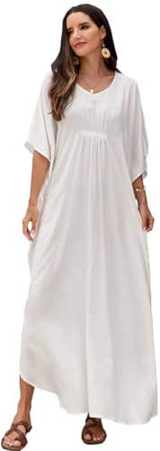 PHLCEhot Women's Cotton Blend Maxi Long Tunic Dress Plus Size Kaftan Beach Dress Bikini Cover Ups White