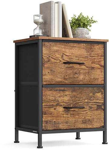 SONGMICS Bedside Table with 2 Drawers | Side End Tables, Steel, Particleboard, MDF, Paper, Non-Woven Fabric, Black and Rustic Brown, BELLAH Collection LGS312BH04