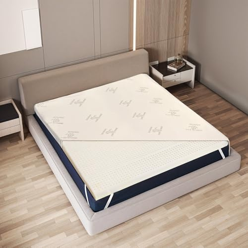 The White Stone Sobrecolchón de Látex Natural 150 x 190 cm | Funda de Bambú Transpirable, Antialérgica y Desmontable | Grosor 5 cm | Corrector de Colchón con Elásticos de Sujeción en Las Esquinas