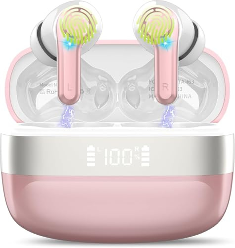 Wireless Earbuds, Bluetooth 5.3 Headphones HiFi Stereo with ENC Noise Cancelling Mic, Wireless Headphones 48H Playtime With LED Display, IP7 Waterproof Bluetooth Earphones With Touch Control, RoseGold