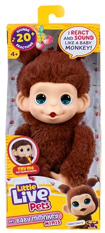 Little Live Pets Baby Monkey Minis – Chikki Cherry, Interactive Pet | 20+ sounds & reactions, soft dark brown fur, 7.4in tall, feed & nurture; collect all 3, boys & girls toys