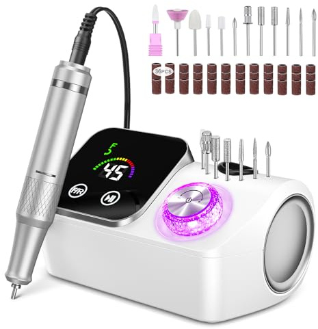 Urbuti Elektrischer Nagelfeile Nagelfräser für Gelnägel, 45000 U/min Nagelfräser Professioneller mit LCD-Anzeige, Maniküre Pediküre Set mit Multifunktionale Basis und Touch-Button-Steuerung (Weiß)
