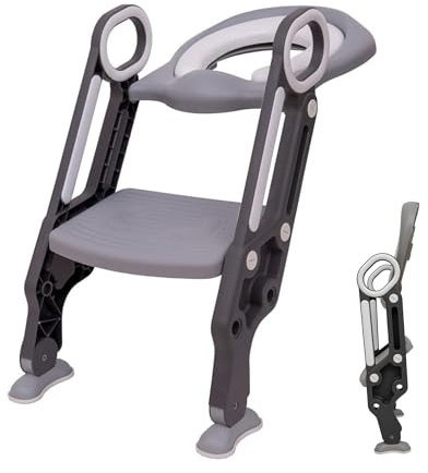 Straame Toddler Toilet Ladder Seat - Adjustable Potty-Training Seat, Soft Cushion Seat and Anti-Slip Steps Design - Easy to Install Portable Children Potty Training Chair (Grey-White)