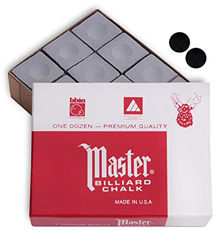 Master Chalk Billiard Pool Cue Premium Quality - 1 Dozen - Made in The USA + 2 pcs of Quality Billiard Pool Table Spots (Gray)
