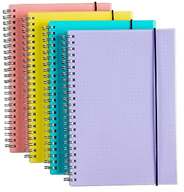 4 Pack A5 Spiral Bullet Dotted Journal with 120gsm Thick Paper, Dot Grid Spiral Notebook with Plastic Hardcover and Elastic Band Closure, 70 Sheets Per Pack 5.7X 8.3 inches