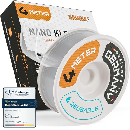 BAURIX® Nano Tape Doppelseitig [4m] – Starkes Klebeband für Wand, Teppich & Deko – transparent, waschbar, wiederverwendbar – ideal für DIY und professionelle Anwendungen