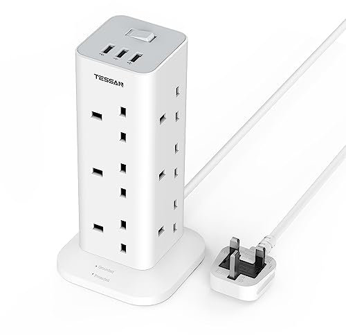 Tower Extension Lead with 3 USB Slots, TESSAN 12 Way Multi Plug Adaptor with Switch, Surge Protected Power Strip with 2M Cable (13A 3250W) for Home, Office, Kitchen, School Supplies