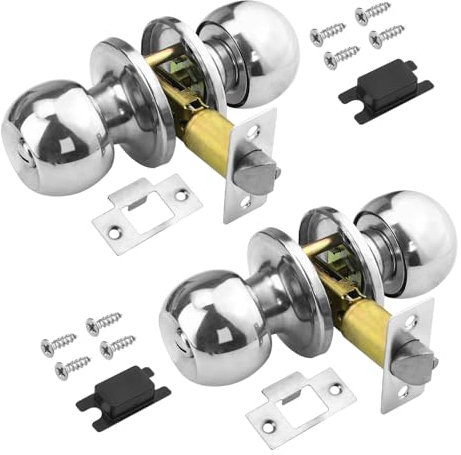 TOVOT 2 Packs Internal Door Handle Locks Round Door Handles with Locks Stainless Steel Door Knob with Locks Handles Set for 25-45MM Door (No Keys)