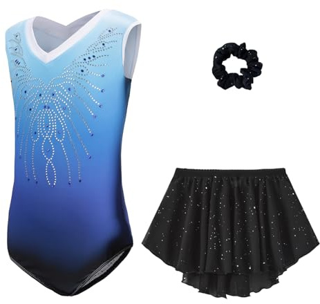 Konstnärlig gymnastik Body för flickor - Flickor Långärmad Ärmlös Gymnastikdräkt med Gradienta Färger Shorts och Pannband, Friidrott Bodysuit för Barn 5–14 år, B68 Blå kjol, TAG 12A(11-12 anni)