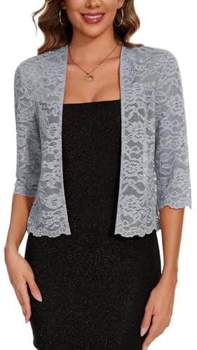 MINTLIMIT Mujer Encaje Bolero Frente Abierto Chaqueta de Punto Manga 3/4 Cardigan Elegante Bolero Blusa Color Sólido, Gr-gray, XL