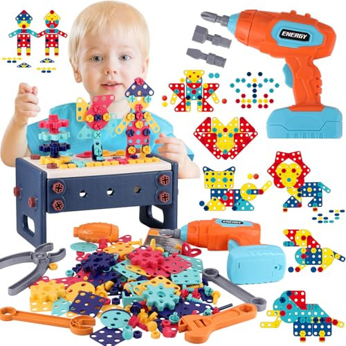 GAGAKU Destornillador inalámbrico para niños, 216 piezas, juego de herramientas Montessori para niños pequeños, maletín de herramientas, juego de rol, juguete educativo, kit de construcción para niños