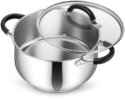P&P CHEF Stainless Steel Stock Pot, 5 Qt Cooking Soup Pot with Visible Lid for Pasta, Tri-Ply Bottom & Dual Heatproof Handles, For Induction Gas All Stoves, Non-Toxic & Dishwasher Safe
