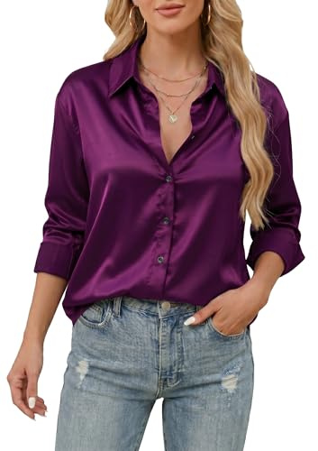 Stamain Dam Silkesblus, Satin, Långärmad Button Down, Enkel Skjorta Ledig Kontor Affärstopp, Lila, L