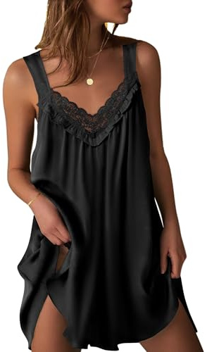 Ekouaer Women's Satin Silk Nightgown V Neck Sexy Nightdress Tank Sleeveless Sleepshirt Lace Sleep Dress Nightwear Black XXL