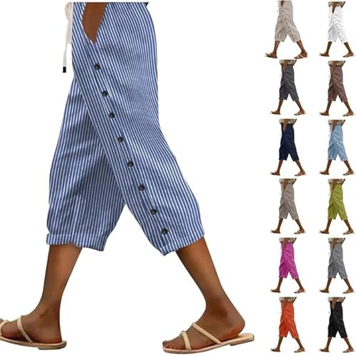 Couawaticy Linen Trousers Womens Linen Trousers Womens Drawstring Elastic Waist Cropped Lightweight Summer Capri Pants with Pockets Casual 3 4 Length Beach Pants for Ladies Blue-c