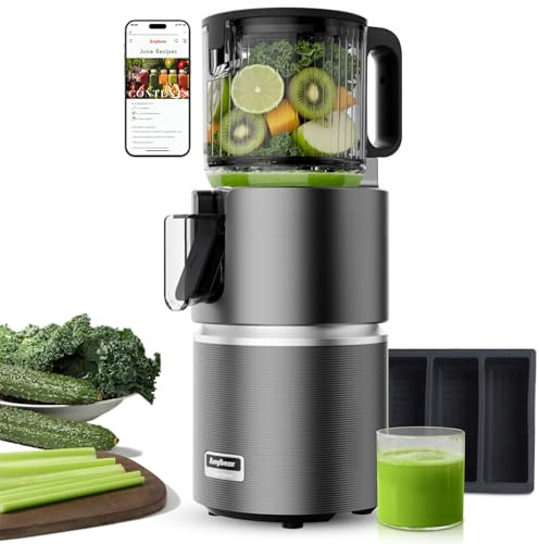 Anybear Centrifugeuse Extracteur de jus à Froid avec goulotte large de 124 mm | Pressoir 350W à double système de pressage lent pour fruits & légumes entiers | Matériau Tritan sans BPA(Gris)