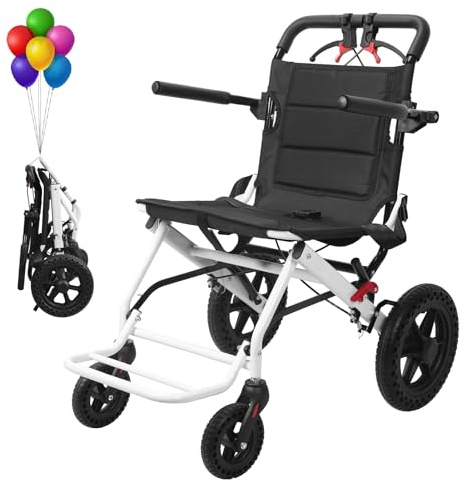 Fauteuil Roulant Pliable Léger, Chaise Roulante Pliable de Voyage en Acier Carbone avec Ceinture Sécurité et Poignée Télescopique, Roues Arrière 30cm, Pour Adulte, Pour Avion & Coffre (46cm Largeur)