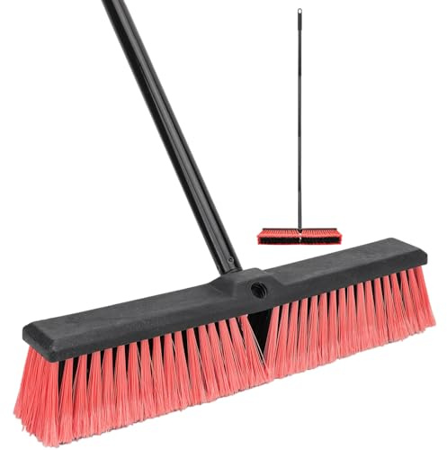 18 Inches Push Broom Outdoor- Heavy Duty Commercial Broom with 64.5 Long Handle and Stiff Bristles for Patio Garage Deck Concrete Wood Stone Tile Driveway Yard Warehouse Shop Floor Cleaning Broom