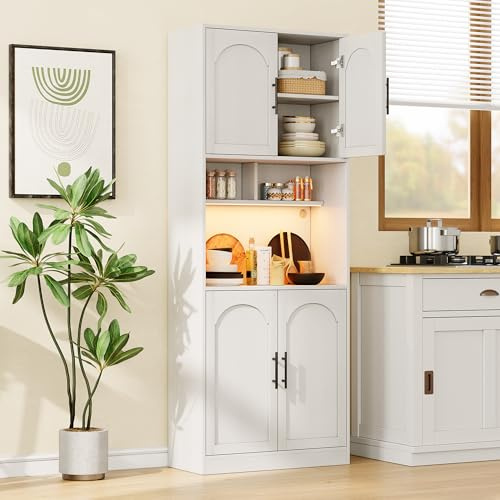GAOMON 71 Tall Pantry Cabinet with Countertop, Kitchen Cabinets with LED Light Strip & Microwave Shelf, Kitchen Hutch Storage Cabinet with Adjustable Shelves for Dining Room, White