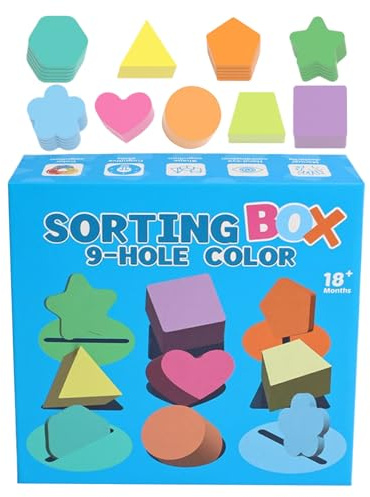 Formensortierer – Sortierbox für Farben und Formen aus Holz mit 9 Fächern | Interaktives Puzzle für 1 bis 10 Jahre. Für den Innenbereich, Zuhause, Kindergarten, Kindergarten, Reisen E