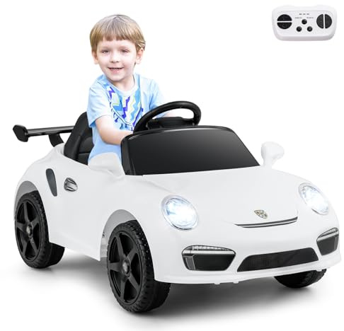 COSTWAY 12V Porsche Voiture Électrique Enfant avec Télécommande & Musique & Phares, Véhicule Électrique avec Pédale & Roues Antichocs, Démarrage Lent, 1-3 km/h, Charge 30kg pour 3-8 Ans (Blanc)