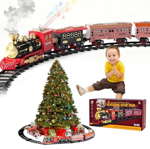 KBIBCK Christmas Train Set, Electric Train Toy with Water Steam, Light & Sounds, Rechargeable Model Train Set, Steam Train Under Christmas Tree for Kids Boys Girls Xmas Birthday Gift
