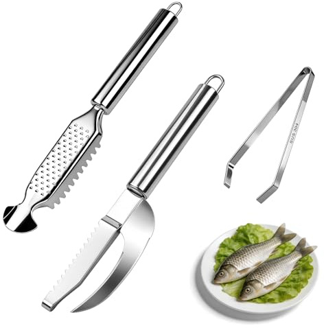 Foyucool Set da 3 Pezzi Squamatore Pesce con Raschietto, Coltello e Pinzette, Pulizia Rapida, Utensili in Acciaio Inossidabile per Preparazione Facile