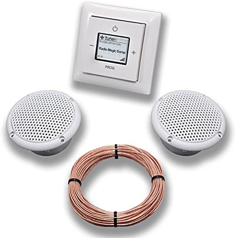 Busch-Jaeger (Original) Unterputz iNet Internet WLAN Radio 8216U (8216U) alpinweiß Komplett-Set Balance SI 2x Deckenlautsprecher/Einbaulautsprecher+Radio komplett+20 Meter Lautsprecherkabel 2x0,75 mm²