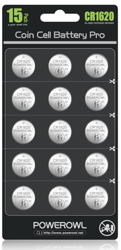 POWEROWL High Capacity CR1620 Battery (15-Pack) 3v Lithium Batteries, 10 Years Leak-Free