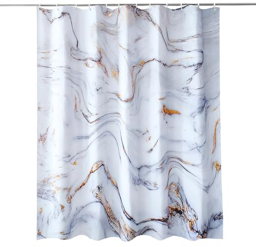 Trimming Shop Marble Shower Curtain for Bathroom - White & Grey, 180x200cm | Mould Proof and Mildew Resistant Washable Polyester Fabric Modern Bath Curtains with 12 Hooks