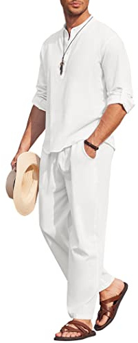COOFANDY Men's 2 Pieces Cotton Linen Set Long Sleeve Henley Shirts Casual Beach Pants With Pockets Summer Yoga Outfits