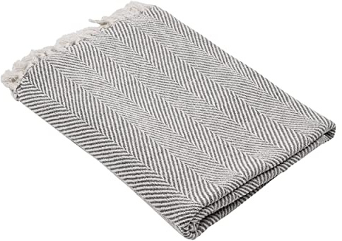 EGLO LIVING Decke Longlac, Kuscheldecke im Nature Design, Wolldecke für Couch mit Fischgrätmuster, Sofadecke gewebt aus Baumwolle in Creme und Grau, 130x170 cm