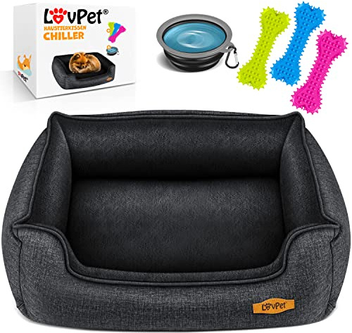 Lovpet® Hundebett Hundekissen Hundekorb Chiller, Inkl. Napf + 3X Kauknochen, Hundesofa Kissen für Kleine, Mittelgroße & Große Hunde, Bezug abnehmbar und waschbar, XL 110 x 75 x 27 cm Anthrazit