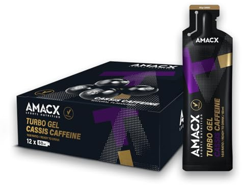 AMACX Turbo Energy Gel für Ausdauersportler mit Koffein, 12 x 60ml, 200mg Natrium, 40g Carbs, schnell absorbierbares Sport Gel, Elektrolyte Energiegel mit Kohlenhydratverhältnis 1:0.8 – Cassis/Koffein