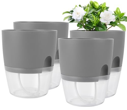 APACALI 4 Stück Blumentopf mit Bewässerungssystem, 15CM blumentopf selbstbewässernd, Kräutertopf Küche Set Fensterbank, Kräuterzucht Automatisch, Kräutergarten für Küche, Grau