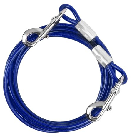 5 m Cuerda Metal para Perros Grandes Medianos Pequeños, Alambre de Acero Inoxidable 6 mm, Correa para Mascotas con Gancho Giratorio, Cable Cinturón de Seguridad Perros para Camping (5m, Azul)