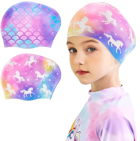 2 Pack Kids Swim Cap Silicone Waterproof Swim Caps for Boys Girls (3-8 Years) Unicorn Mermaid Design Swimming Cap for Kids 3-8 Long and Short Hair (Mermaid&Unicorn)