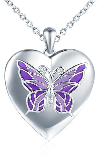 MICMIF Plata de ley 925 Collar Fotos Medallón de Corazón con Mariposa, Colgante Foto Personalizada con Cadena 45+5cm, Joyería Memorial Fotografía Relicario para Mujer Niña Mamá