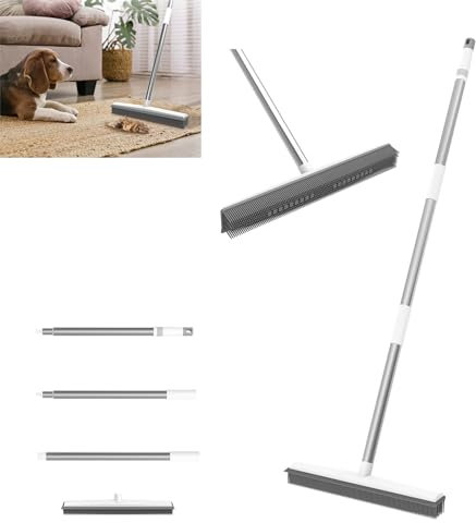 Bowose Carpet Brush Rubber Broom, Indoor 120cm Carpet Sweeper Pet Hair Remover with 31cm Rubber Brush Head and 3-Sections Metal Handle for Floor Cleaning